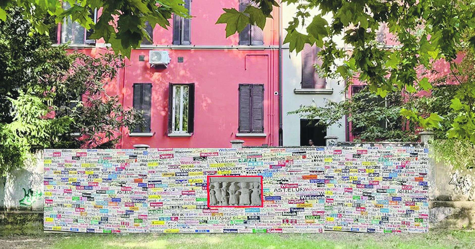 Una bozza del “Muro del Benvenuto” realizzata con l’A.I. e collocata immaginariamente nei Giardini di Padre Gherardo