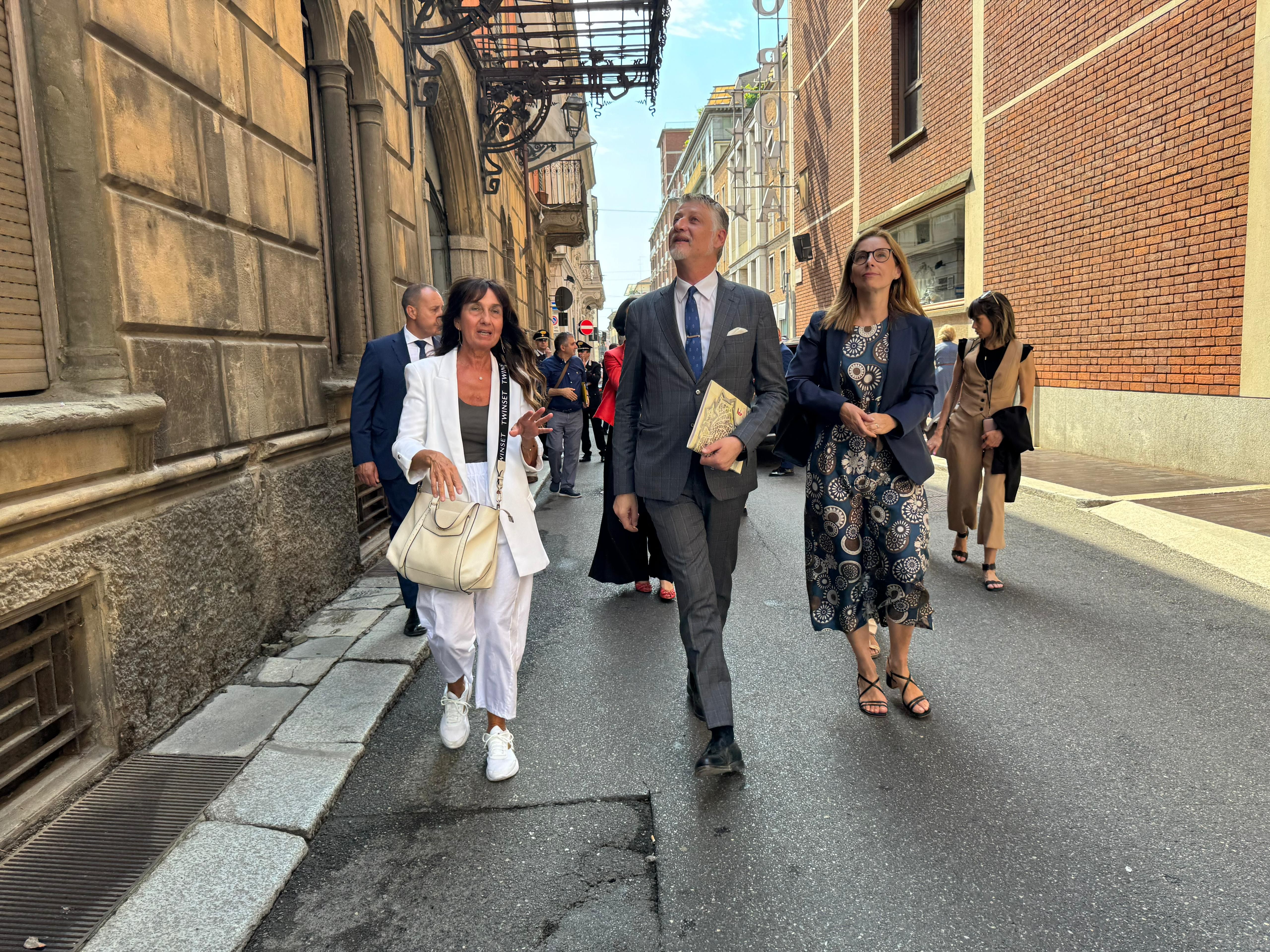 Il ministro della Cultura, Alessandro Giuli, in visita all'hotel San Marco a Piacenza