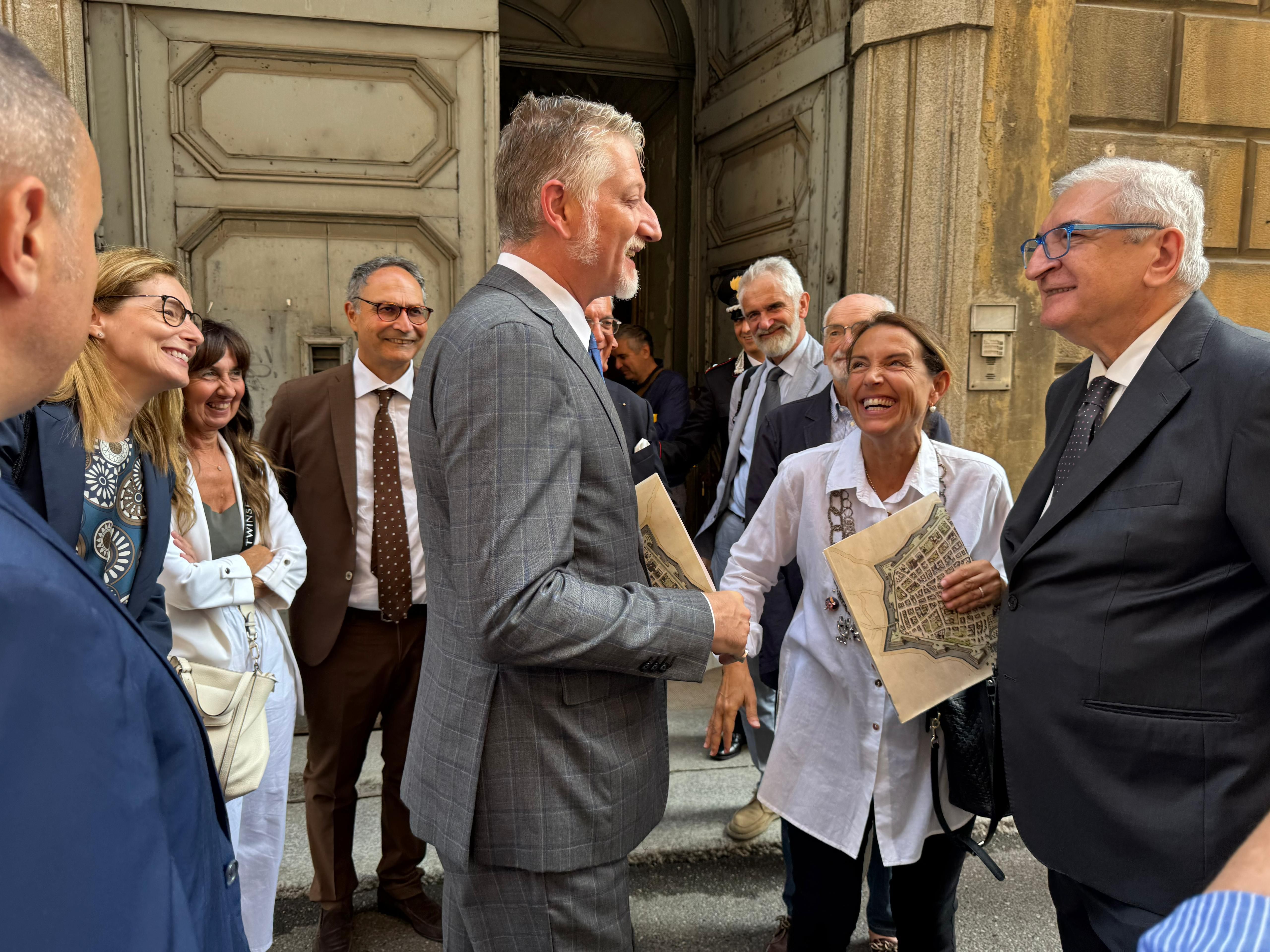 Il ministro della Cultura, Alessandro Giuli, in visita all'hotel San Marco a Piacenza