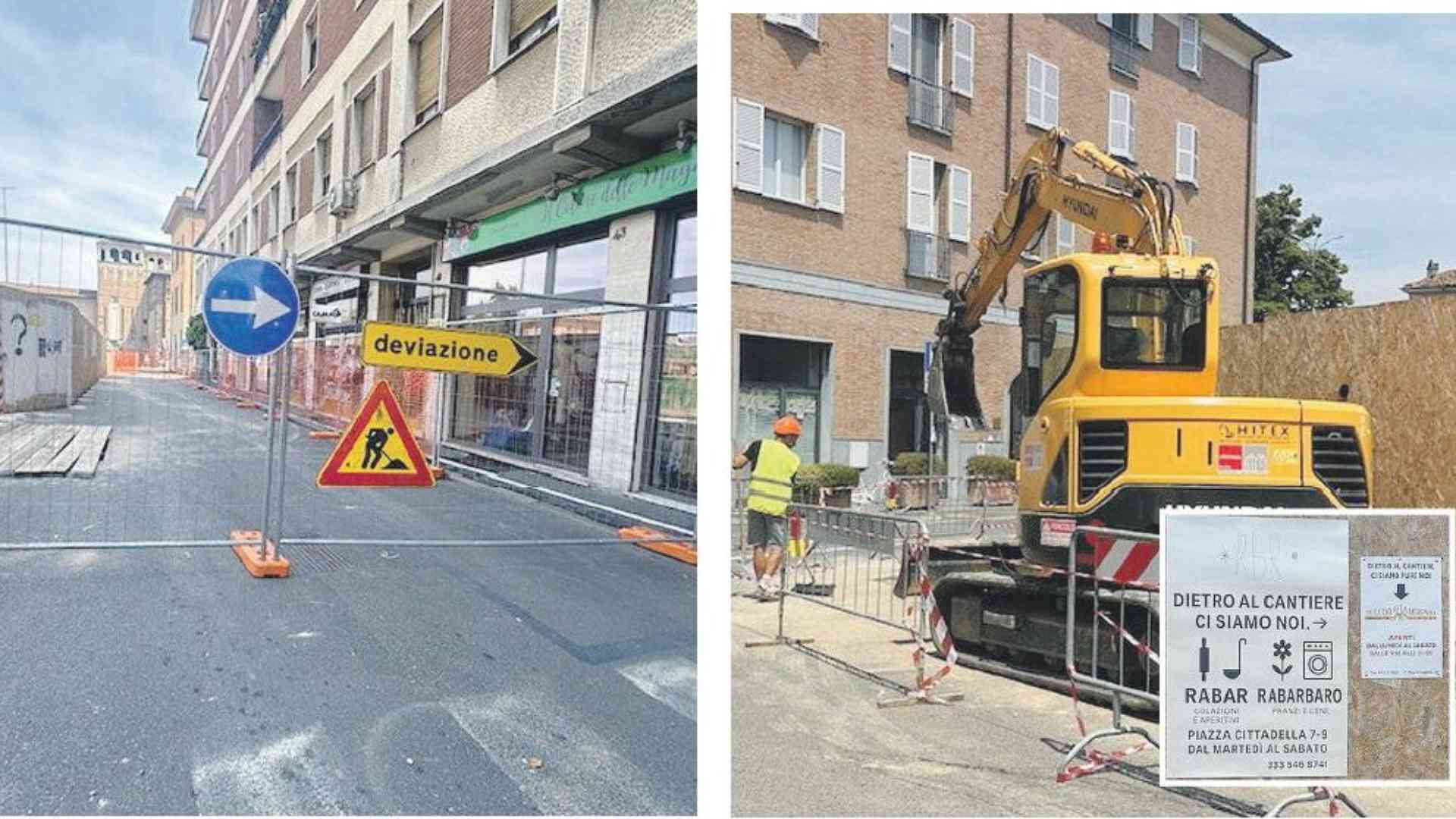 Il cartello della deviazione lungo via Cittadella e i lavori in corso in questi giorni, nel riquadro le scritte per segnalare la presenza di due esercizi