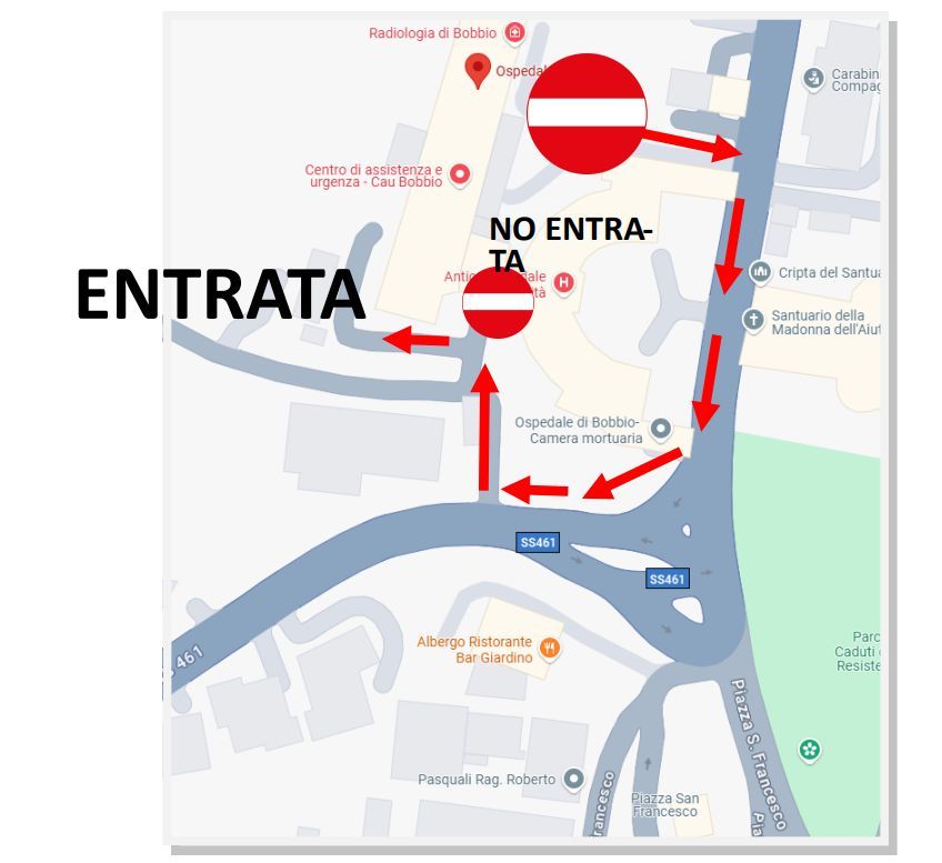 La mappa del percorso temporaneo di accesso all'ospedale di Bobbio