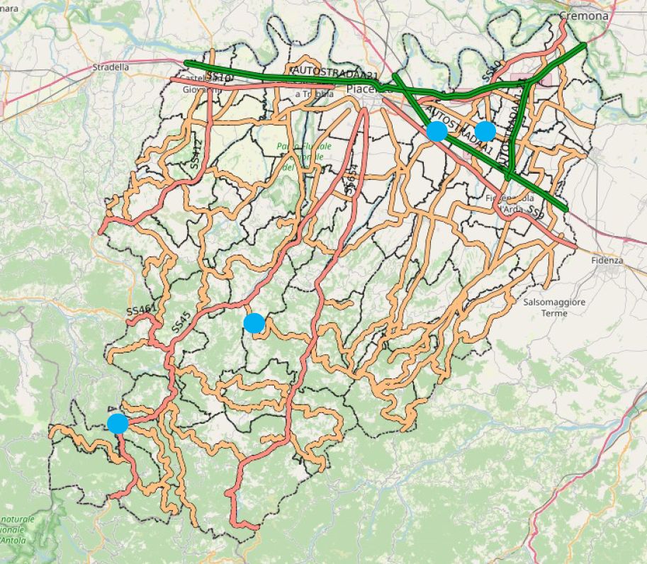 La mappa della provincia con evidenziati i quattro ponti e viadotti a rischio
