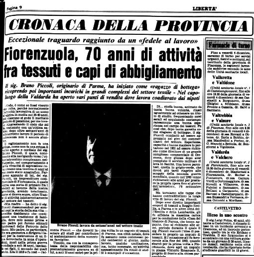 Un articolo di Libertà del gennaio 1987 sul capostipite Bruno Piccoli 