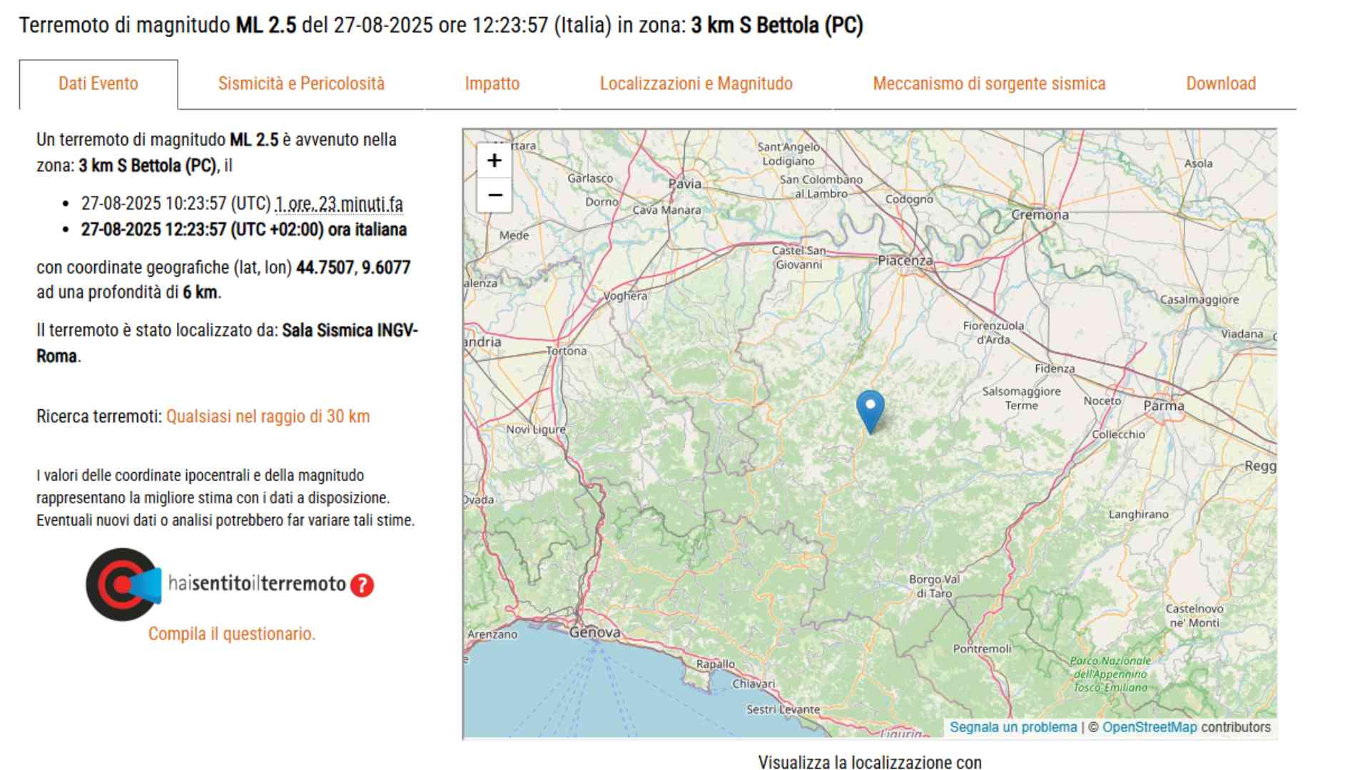 Scossa di terremoto da 2.5 gradi a Bettola