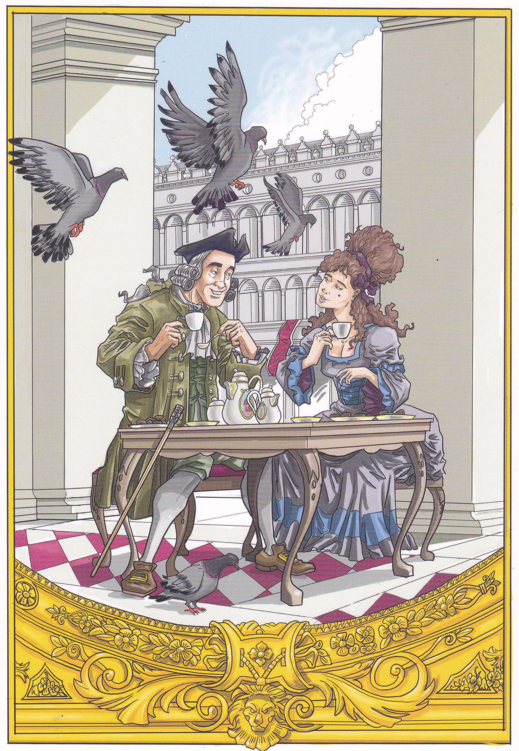 A metà del Settecento, una coppia ai tavolini del Florian nell'illustrazione creata da Valerio Held