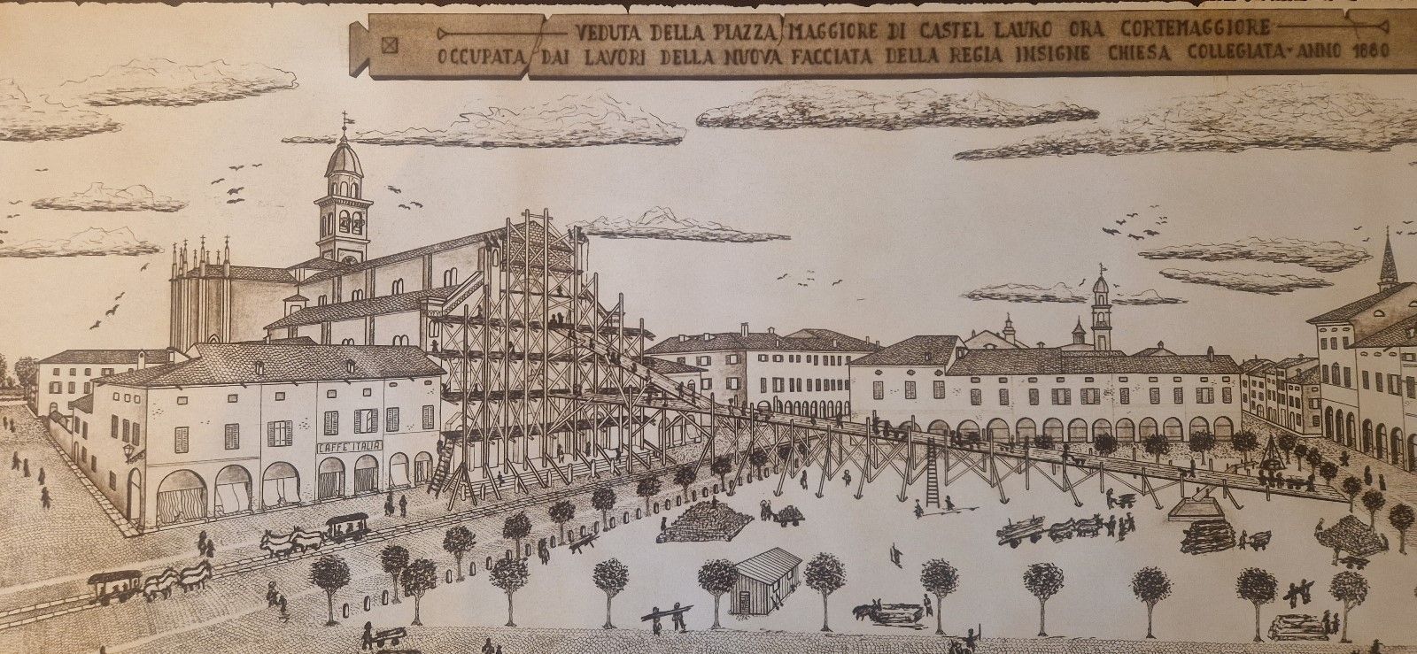 Il disegno realizzato nel 1980 da Flavio Isingrini della piazza e dei lavori della collegiata nel 1880