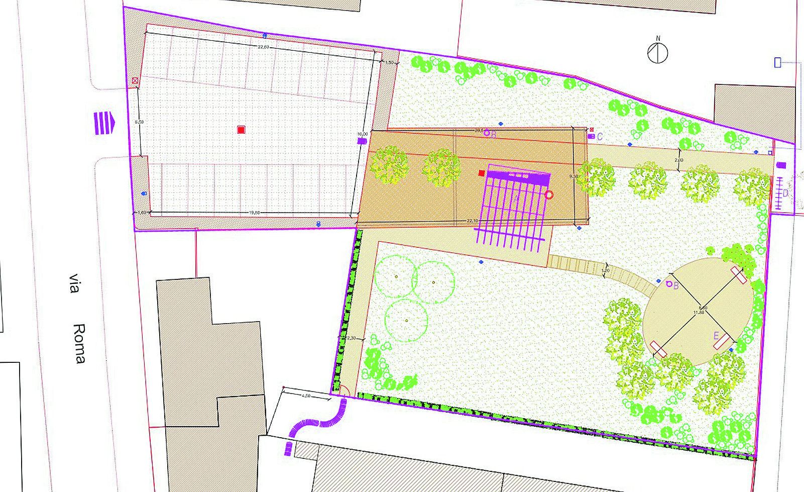 Il progetto della piazza di Casaliggio con il parcheggio, il giardino e la struttura tubolare FOTO BRUSAMONTI