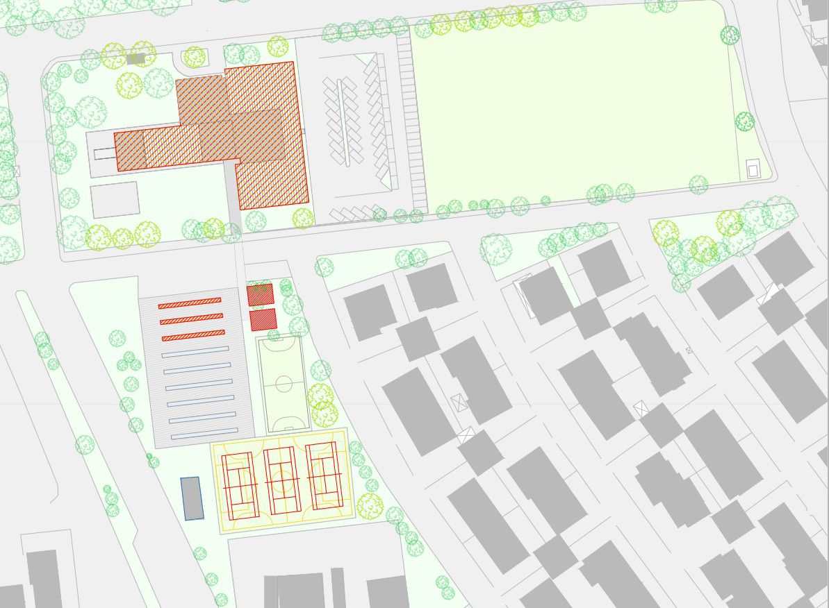 Il progetto prevede migliorie all’edificio (in alto in rosso) con piscina e palestre e al tetto di quello coi campi da tennis coperti. Sotto (quadratini rossi) i due spogliatoi e i tre nuovi campi all’aperto