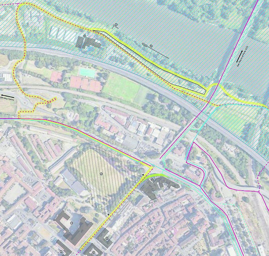 In giallo il percorso della nuova pista che dal centro città porterà al Po