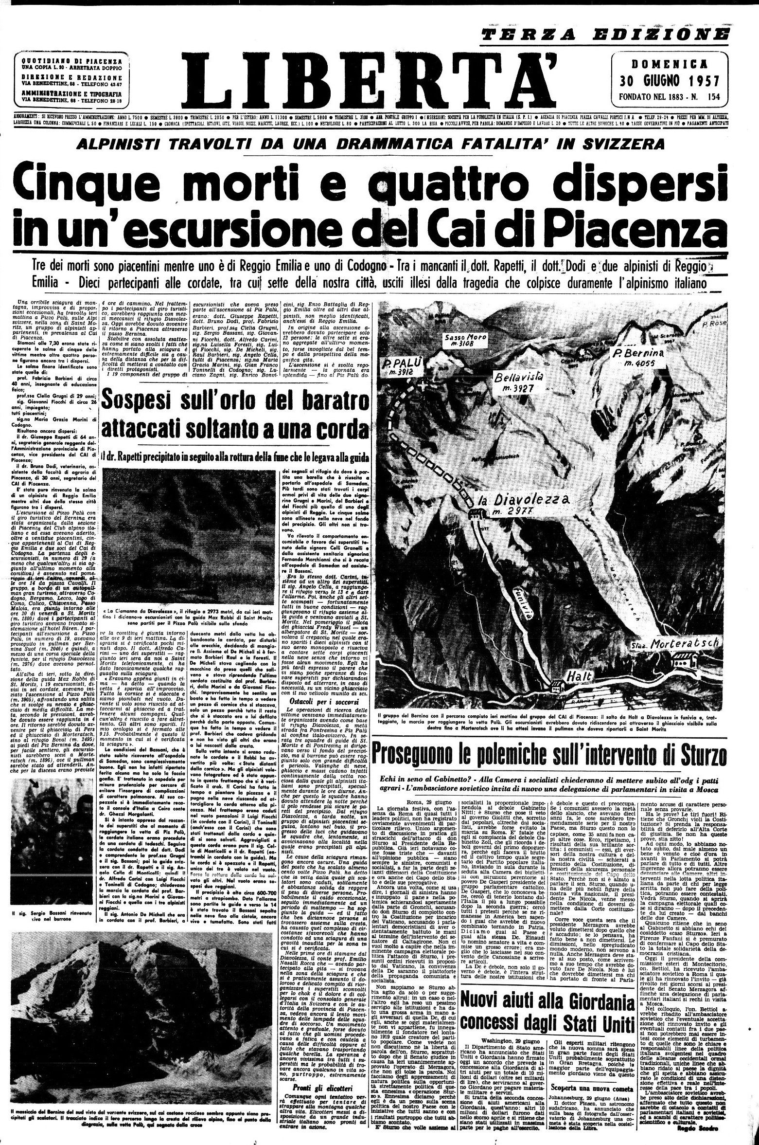 La prima pagina di Libertà del 30 giugno 1957 con la notizia della tragedia&nbsp; del Pizzo Palù