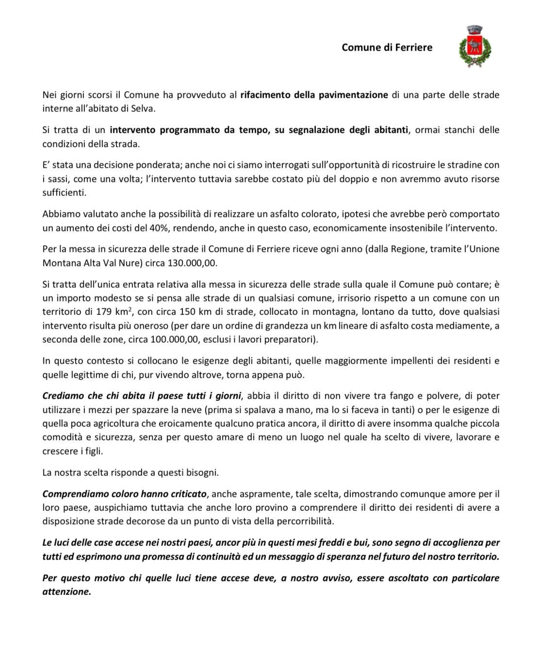 La nota diffusa dalla sindaca di Ferriere, Carlotta Oppizzi, sui lavori a Selva&nbsp;