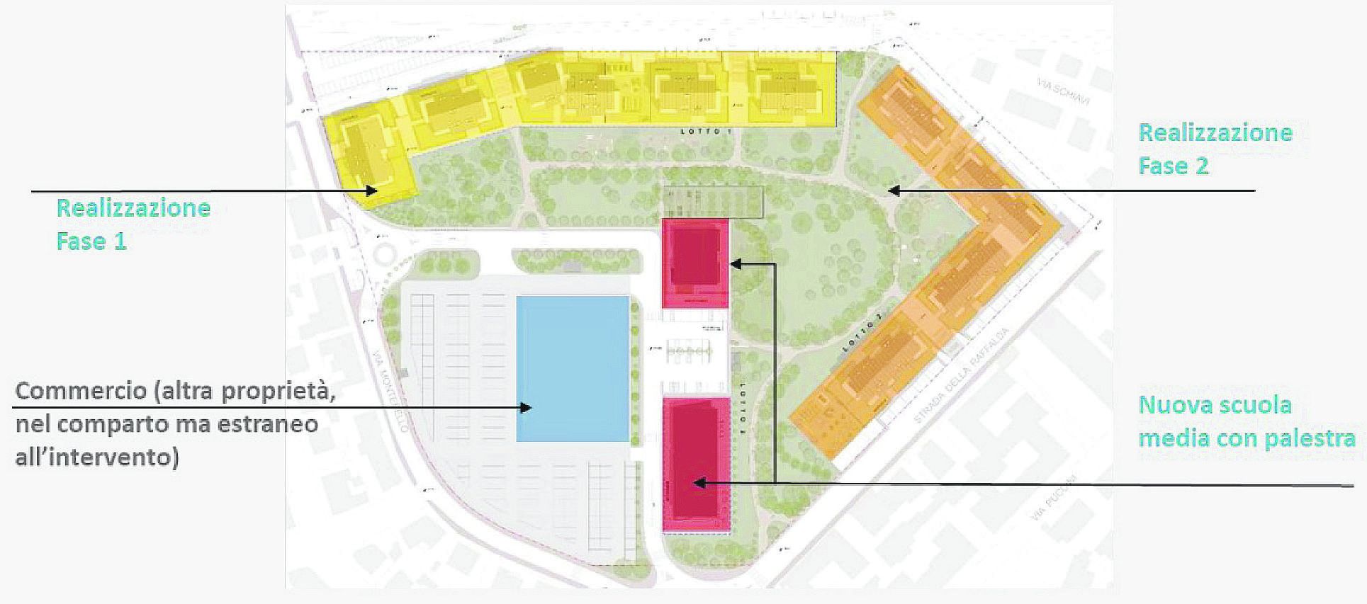 La mappa del piano di riqualificazione presentata in Consiglio l’ottobre 2023 (a sinistra via Montebello, a destra via Raffalda: in giallo e arancione le abitazioni.