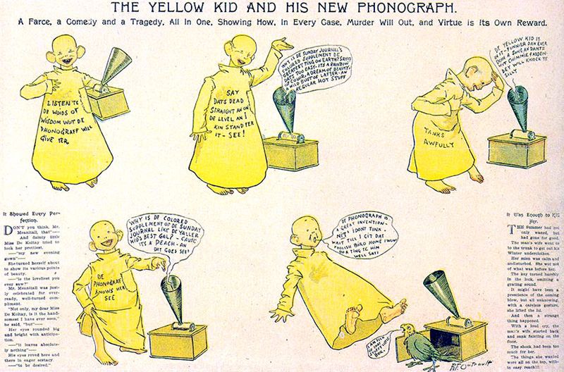 Yellow Kid nella prima striscia realmente fumettata del 1895