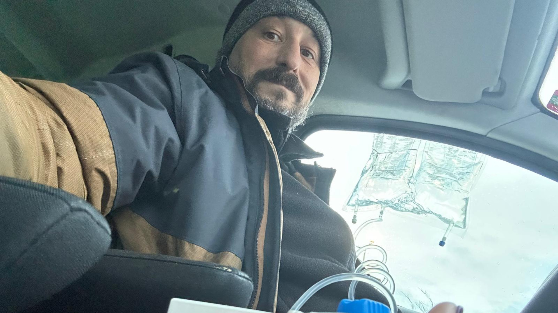 Marco Mazzocchi mentre si sottoponeva alla dialisi in auto