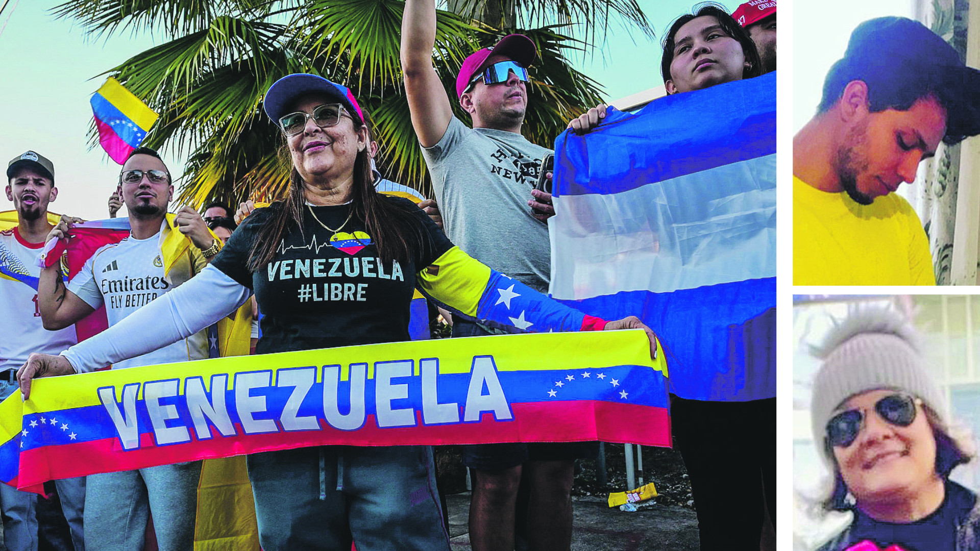 Manifestanti a Caracas con la maglia “Venezuela libre” e due dei circa cento venezuelani a Piacenza: Alfredo Guerrero e Betzaida Mendoza