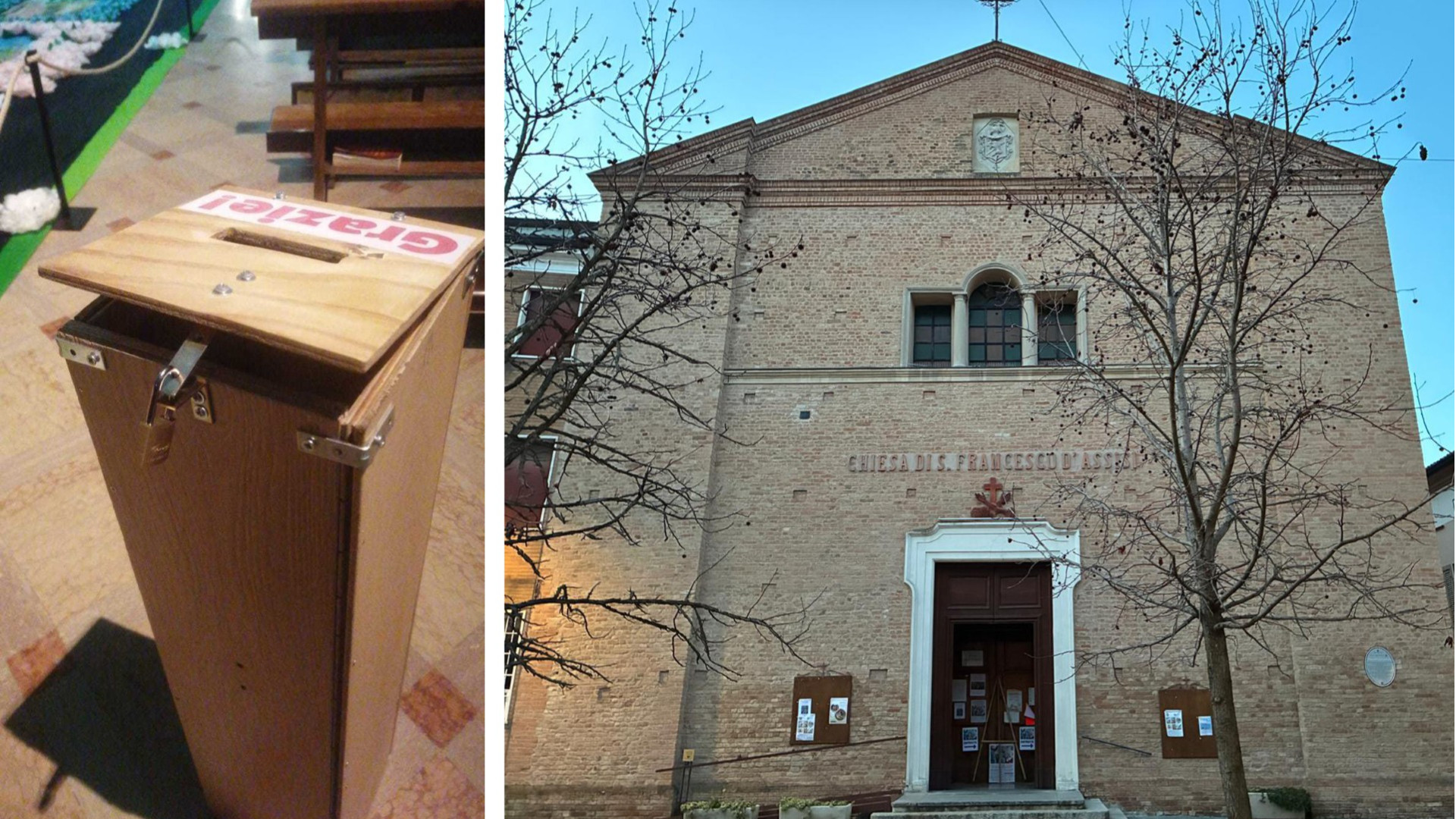 La cassetta delle offerte con il lucchetto forzato e la chiesa di San Francesco a Fiorenzuola - © Libertà/Manrico Lamur