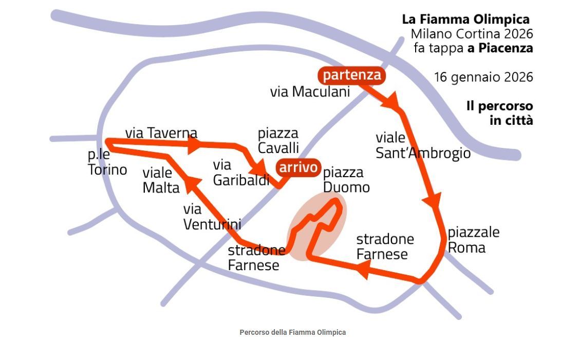 Il percorso indicato con fondo colorato nella cartina, e con il simbolo (*) nell'elenco vie, sarà effettuato dai soli tedofori. La carovana attenderà il ritorno di tedofori lungo Stradone Farnese