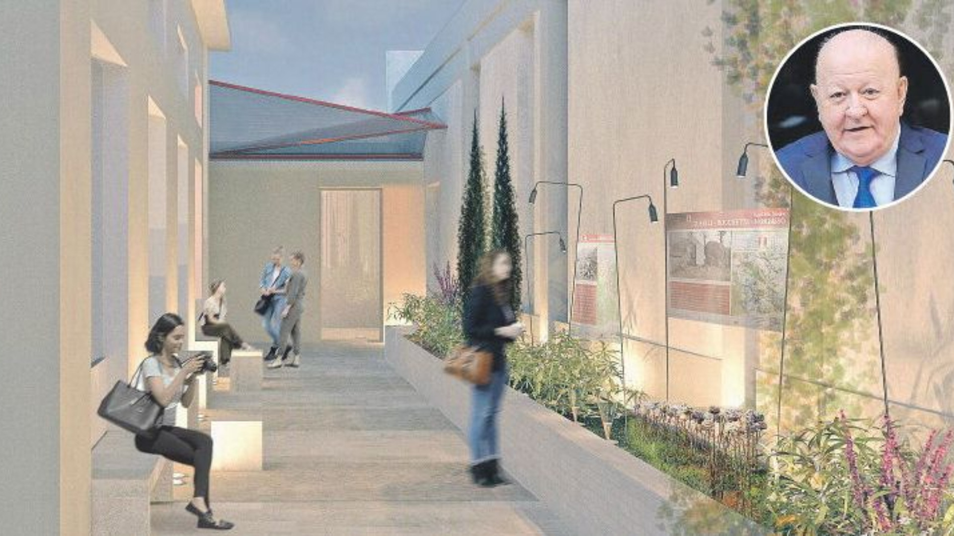 Il rendering della Casa per la Cultura a Lugagnano e nel tondo l’attore Massimo Boldi, scaricato dal Comune