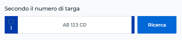Screenshot: "Secondo il numero di targa" - modulo con bandiera italiana e campo per inserire il numero di targa tipo "AB 123 CD"