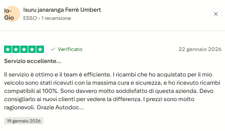 &nbsp; Screenshot della recensione:&nbsp;Isuru janaranga Ferrè Umbert,&nbsp;5 stelle, 22 gennaio 2026: "I ricambi che ho acquistato per il mio veicolo sono stati ricevuti con la massima cura e sicurezza, e ho ricevuto ricambi compatibili al 100%"