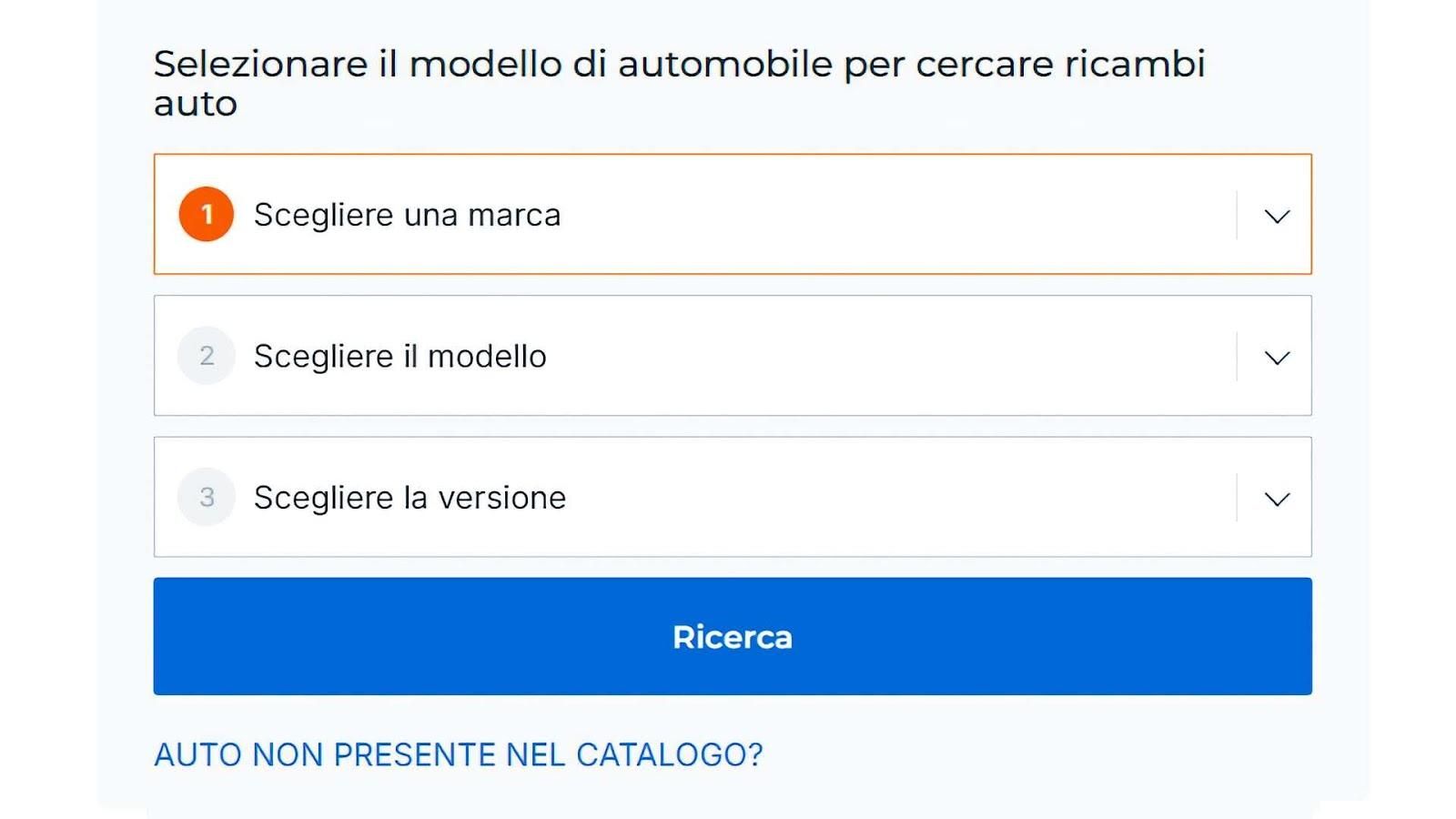 Screenshot: "Selezionare il modello di automobile per cercare ricambi auto" - selezione guidata: 1) Scegliere una marca, 2) Scegliere il modello, 3) Scegliere la versione