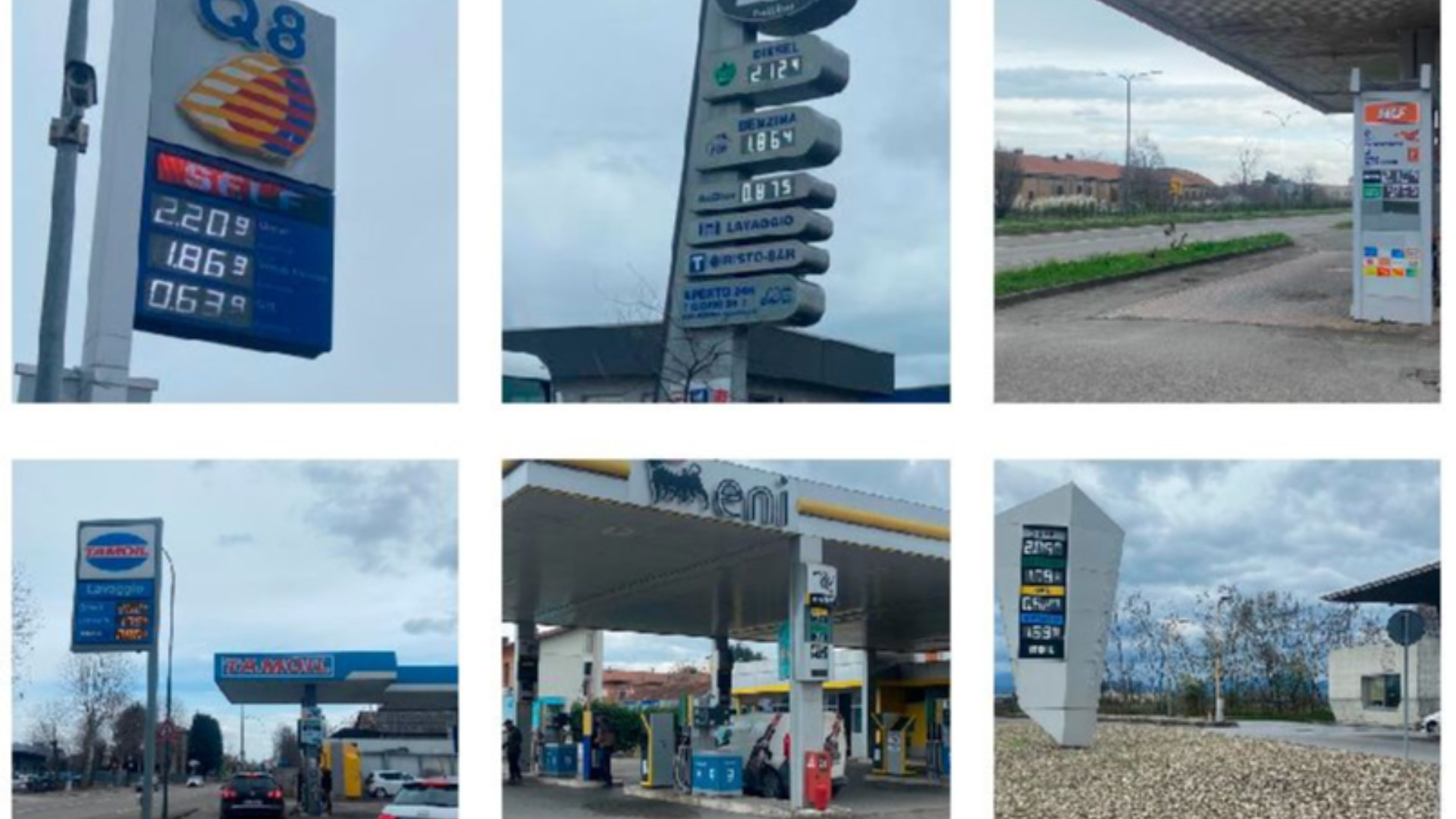 Nella prima riga in alto, da sinistra, la stazione Q8 sulla tangenziale Sud, Ltp in Strada dell'Orsina, Ip di via Einaudi. Qui sopra, da sinistra, Tamoil di via Rigolli, Eni di via Colombo, Piacenza Petroli in strada Valnure