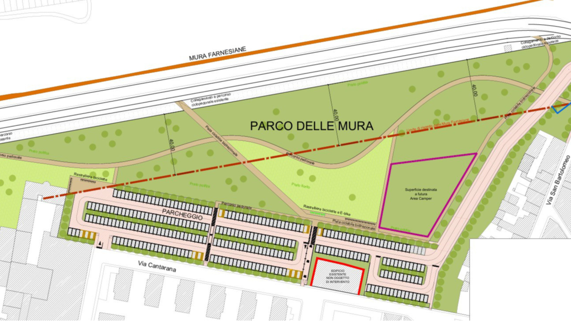 La planimetria del progetto di riqualificazione dell'area ex Acna tra via Tramello, via Cantarana, via San Bartolomeo