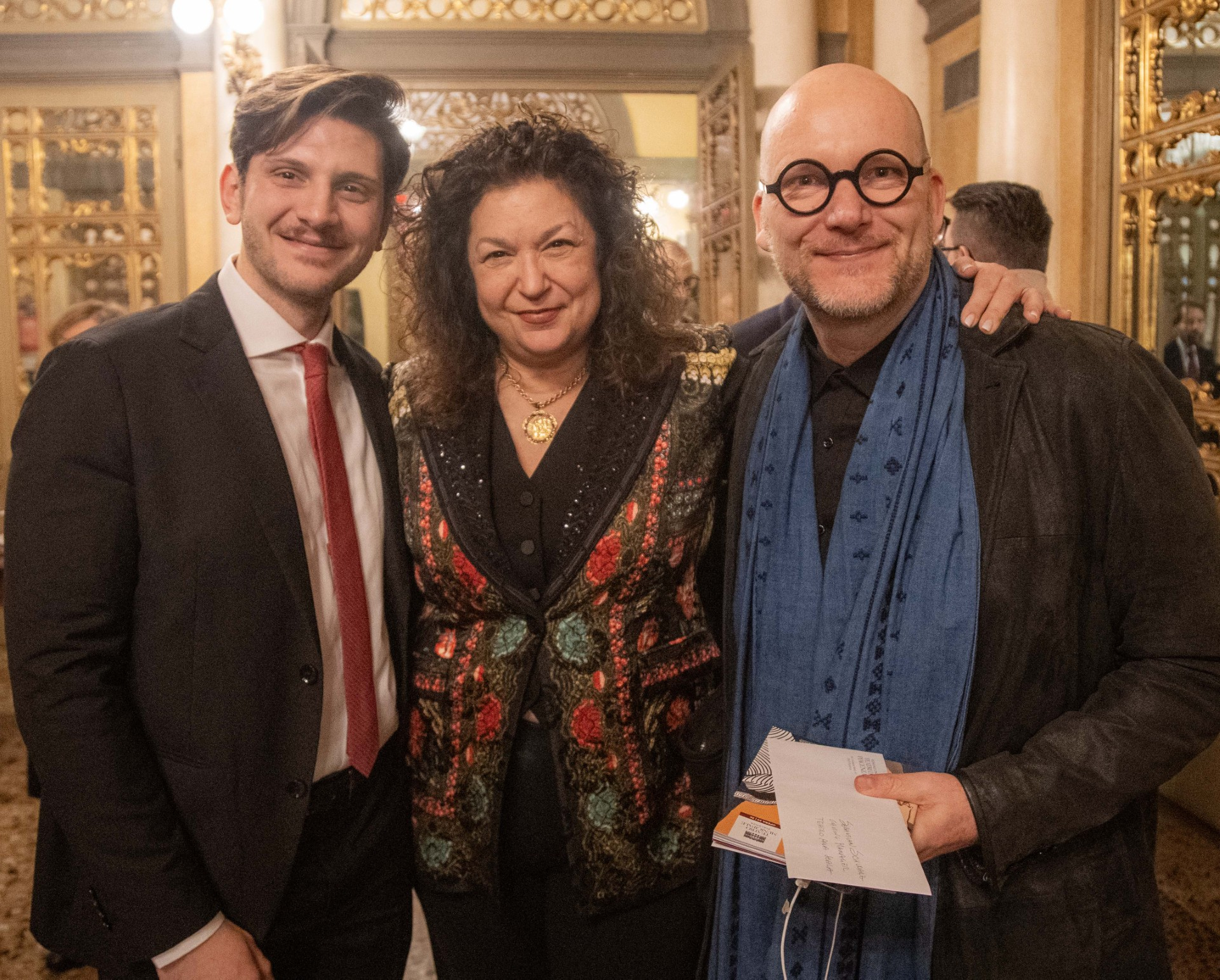 Il compositore Davide Tramontano, la direttrice artistica del Municipale Cristina Ferrari e Sebastian Schwarz, casting manager Teatro alla Scala