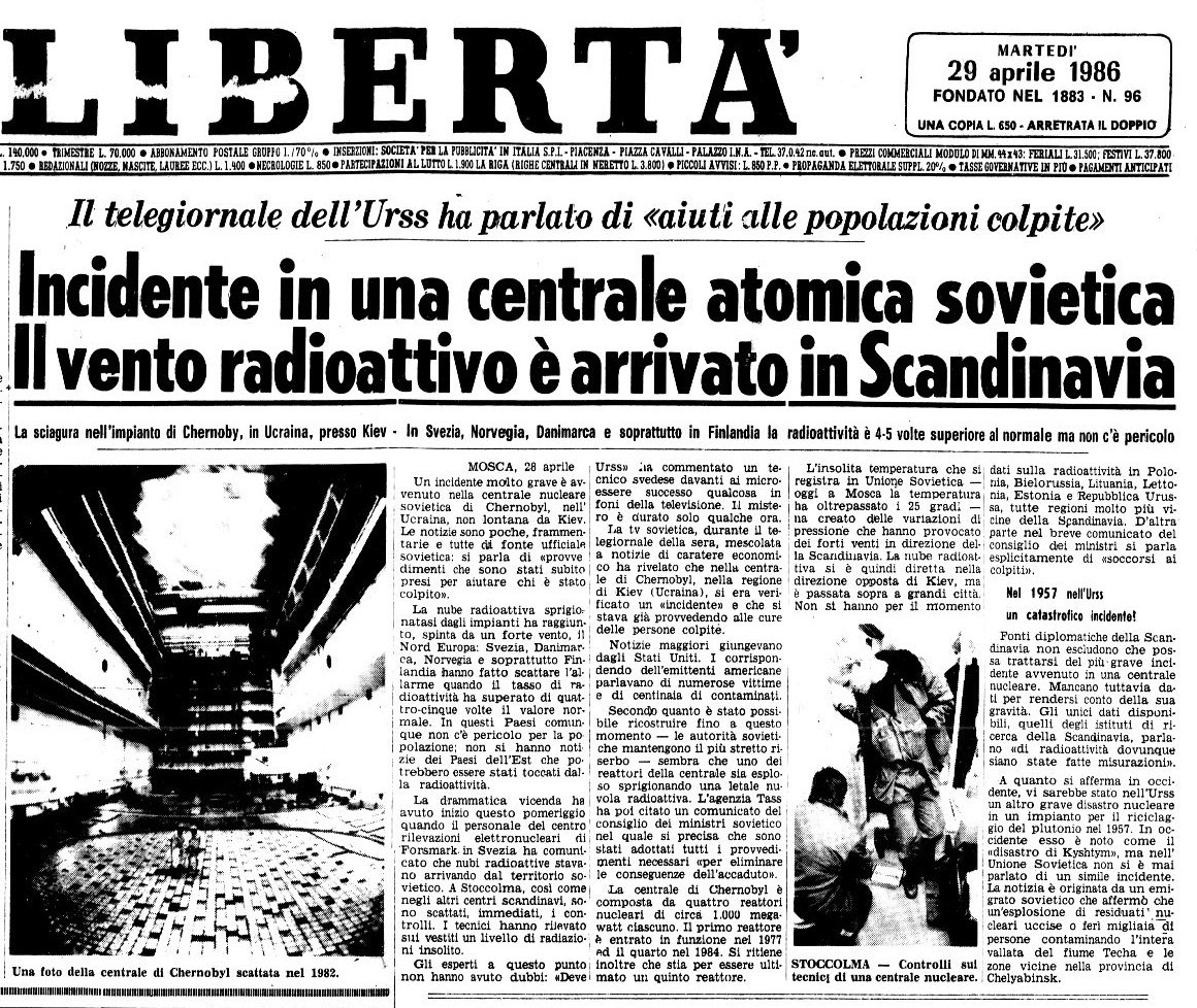 La prima pagina di "Libertà" del 29 aprile 1986 con la notizia del disastro nucleare