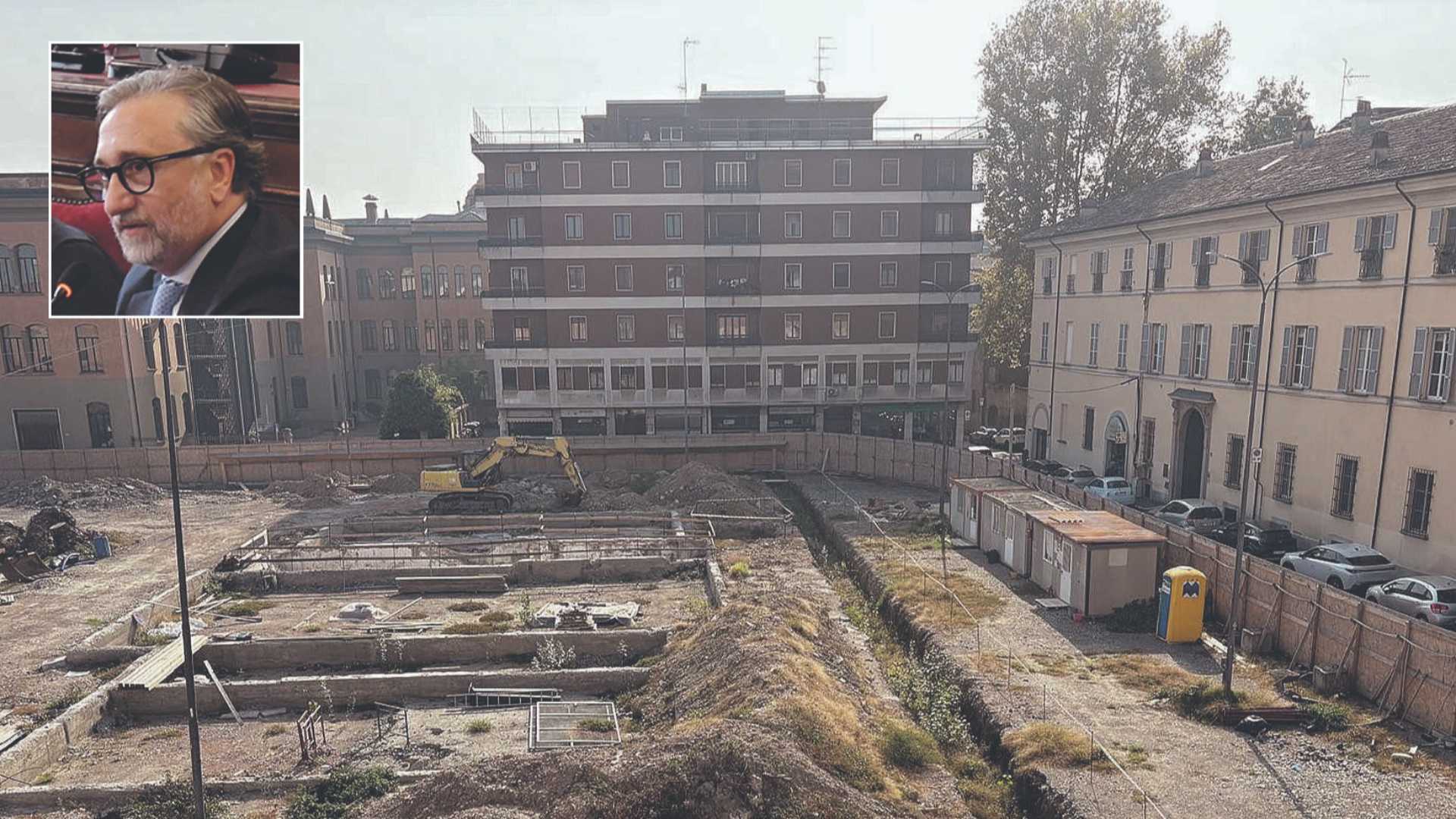 Il cantiere di piazza Cittadella e, nel riquadro, l'amministratore di Gps Filippo Lodetti Alliata