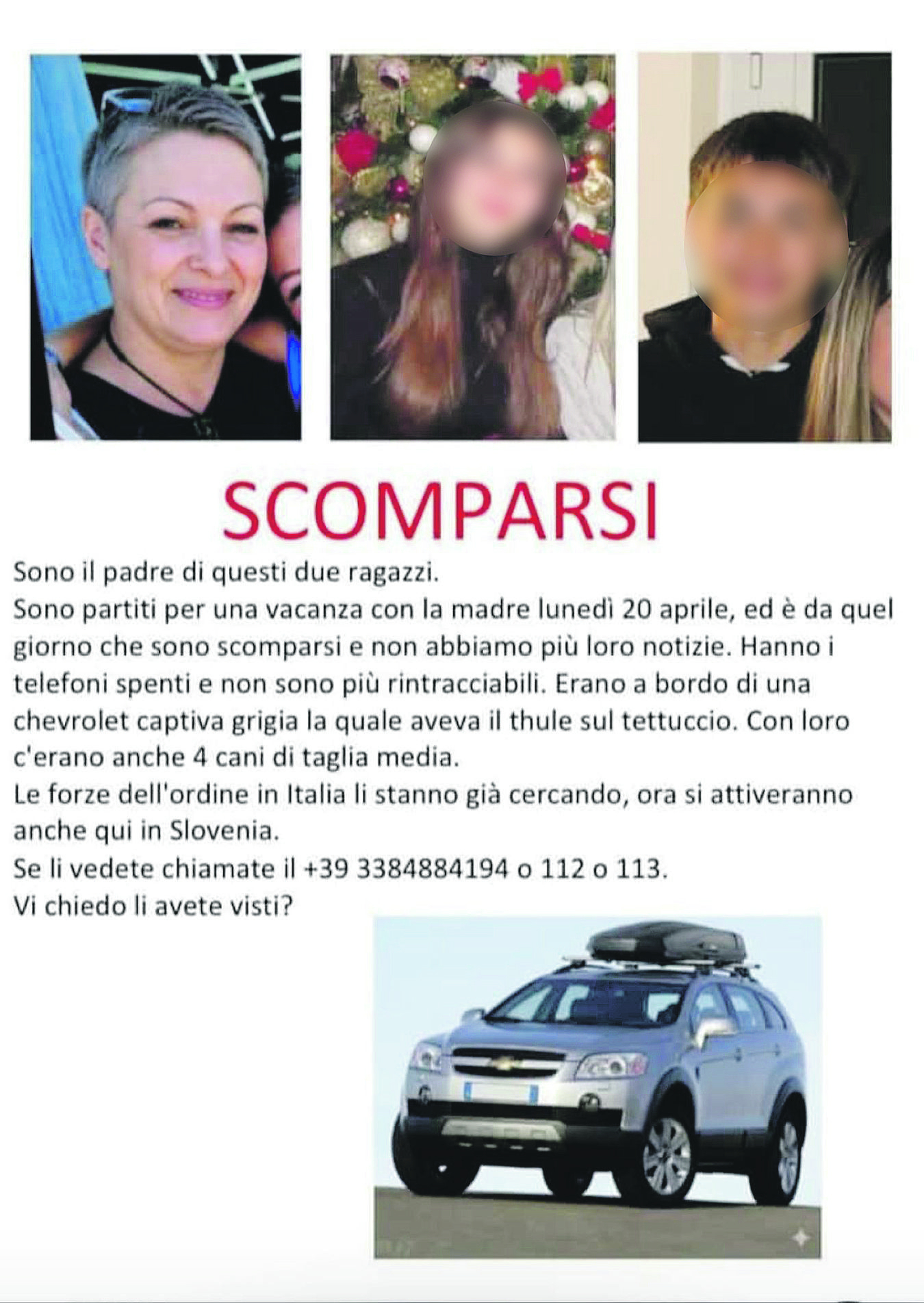 Il volontino diffuso sulla scomparsa di Sonia Bottacchiari e dei due figli di 14 e 16 anni