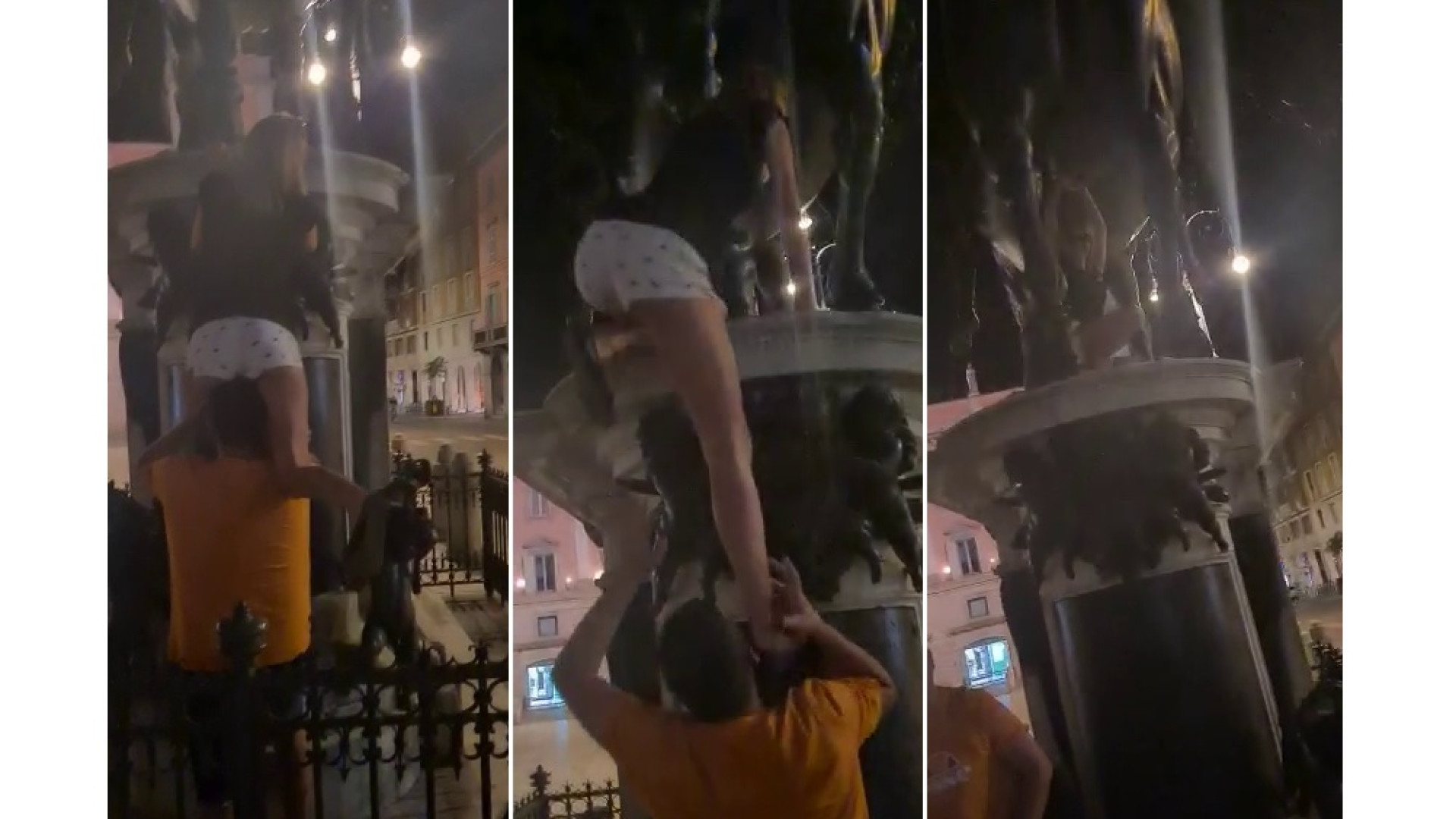 Si arrampica sulla statua in piazza Cavalli, gli amici la aiutano e riprendono la scena