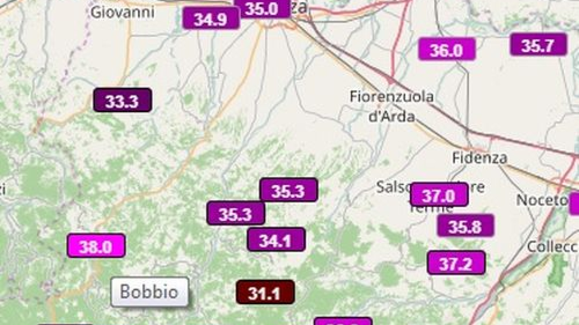 Caldo estremo, a Bobbio 38 gradi. Domani giornata da "bollino rosso": previsti 40 gradi
