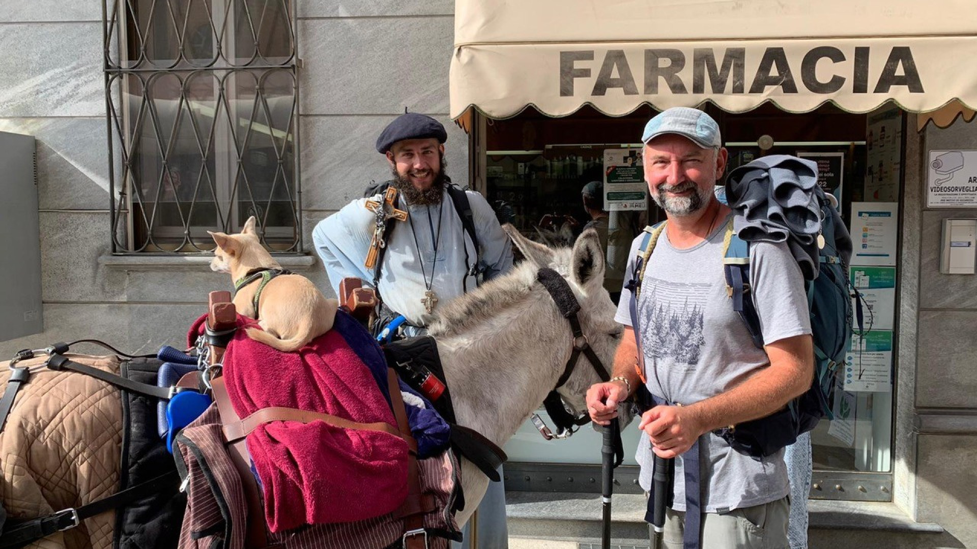 L'asino e il cane sul dorso, due uomini pellegrini dalla Francia sulla via Francigena