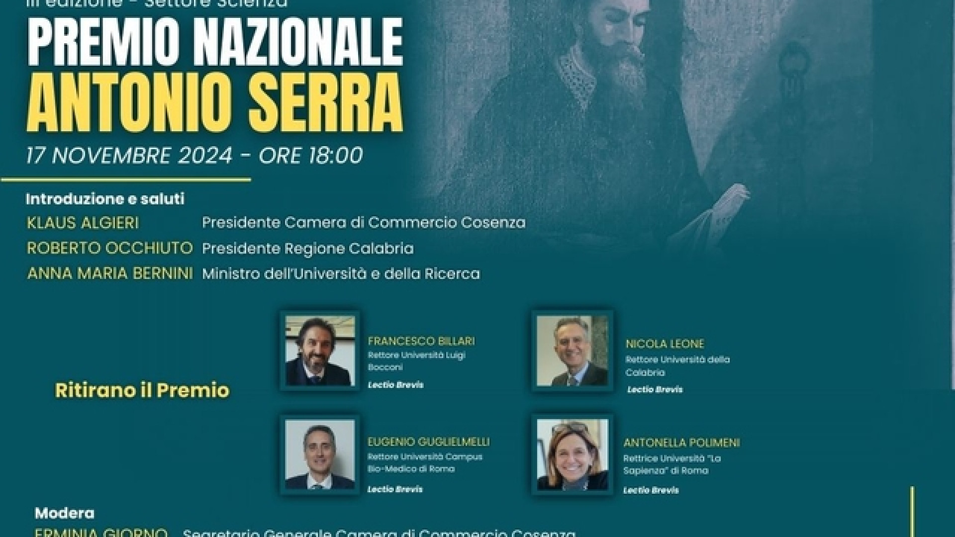 “PREMIO ANTONIO SERRA 2024” AI RETTORI DI QUATTRO PRESTIGIOSI ATENEI ITALIANI