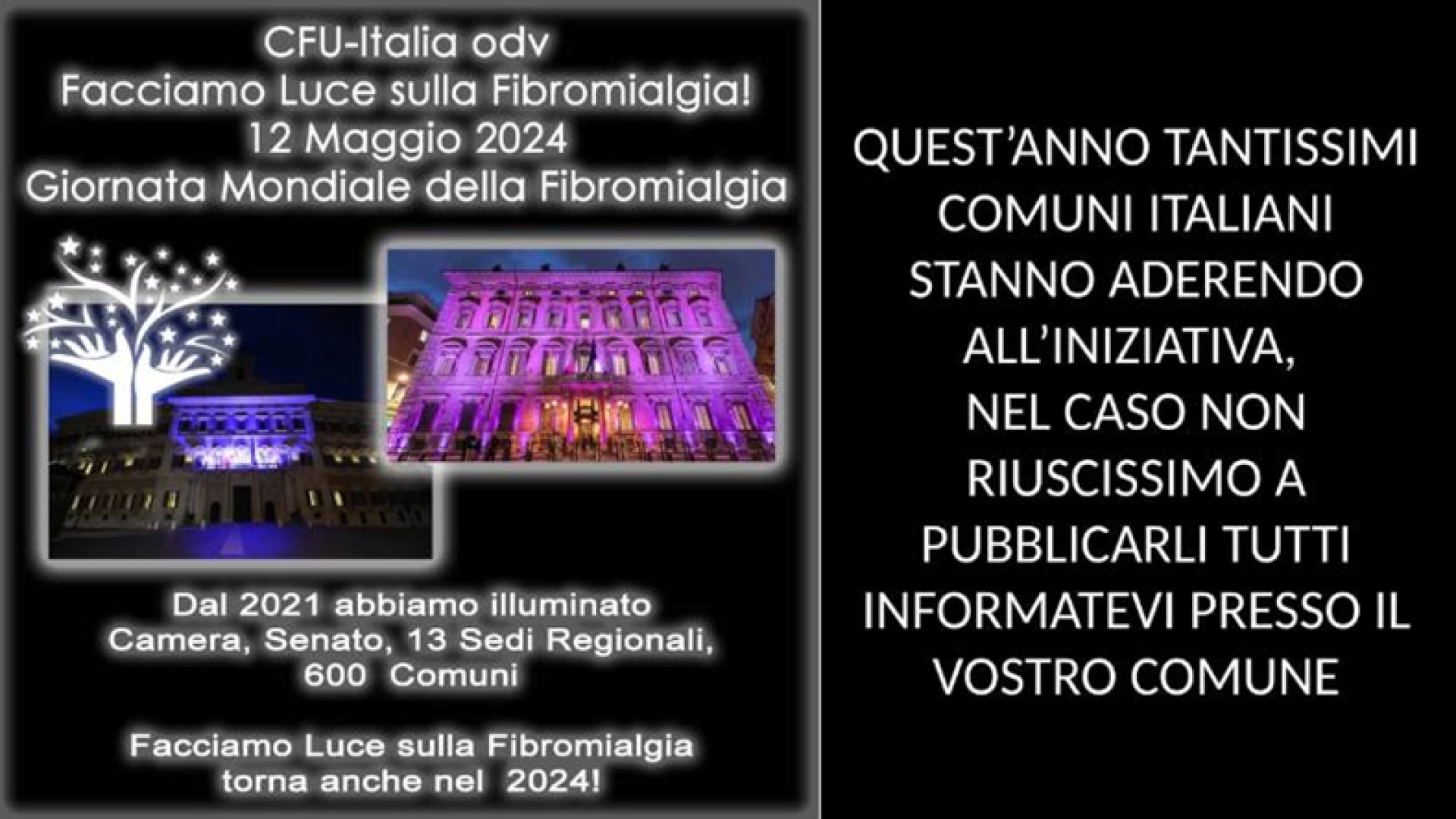 "Facciamo luce sulla fibromialgia": i monumenti delle città si colorano di viola