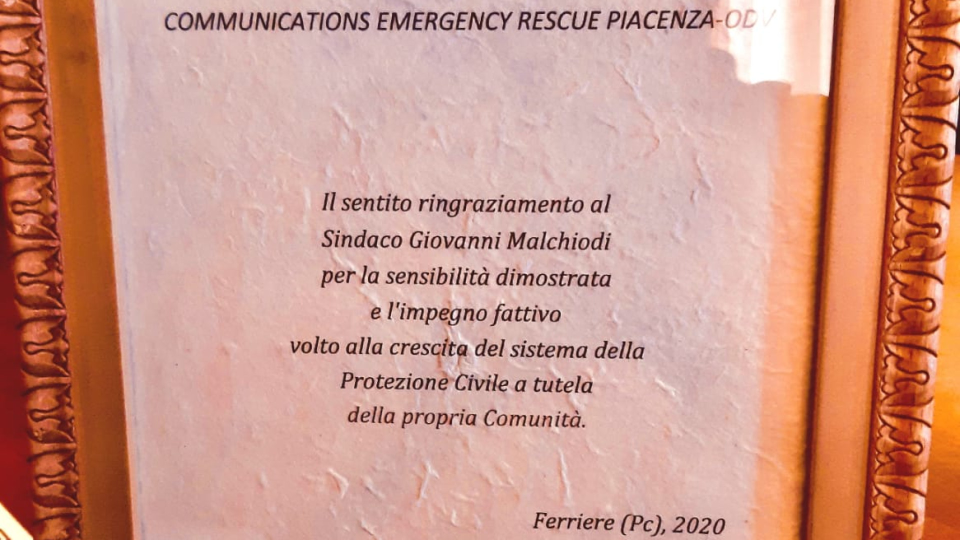 Dalla Protezione civile una pergamena a ricordo del sindaco Malchiodi
