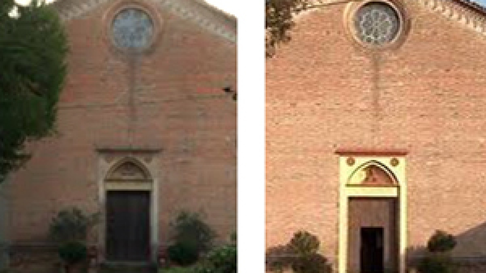Rivalta, il portone della chiesa tinteggiato di rosso divide il paese