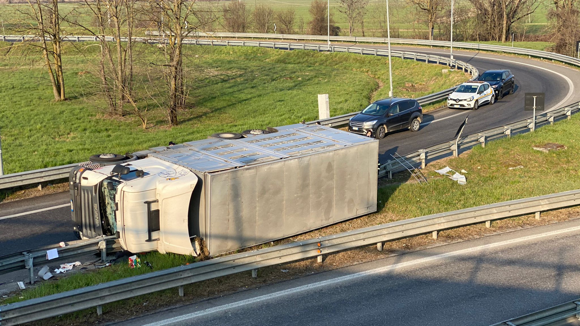 Camion per il trasporto maiali si ribalta, gravi disagi al traffico