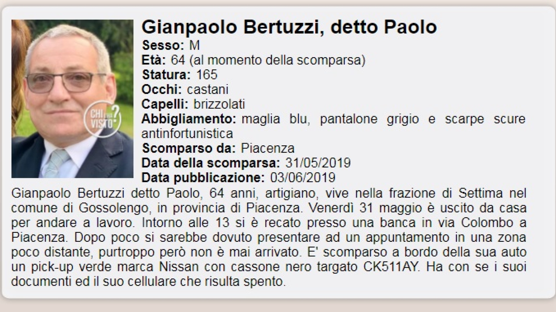 Uomo scomparso, si spera nelle telecamere di sorveglianza. Il caso finisce a "Chi l'ha visto?"