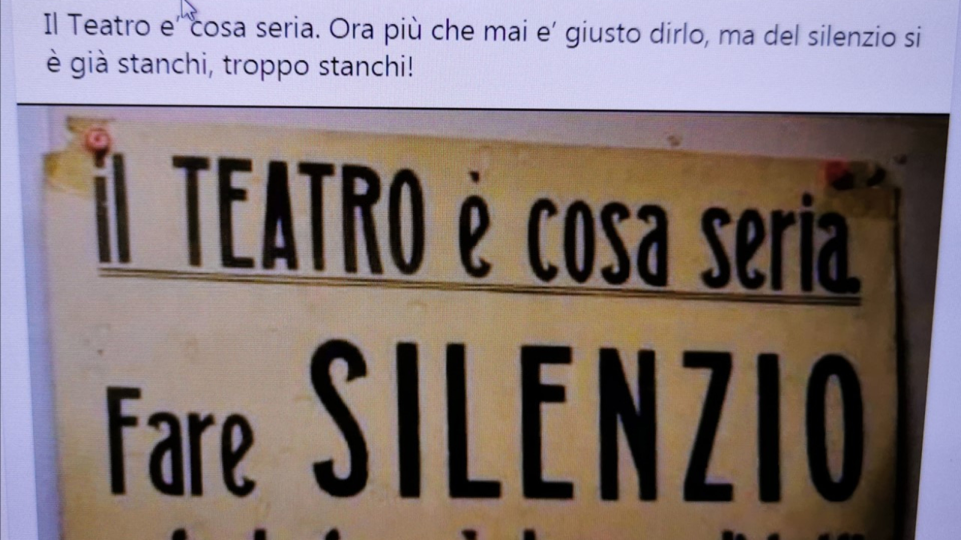 Ferrari: "Il teatro è una cosa seria, il silenzio prolungato è diventato rumoroso. Riapriteci"