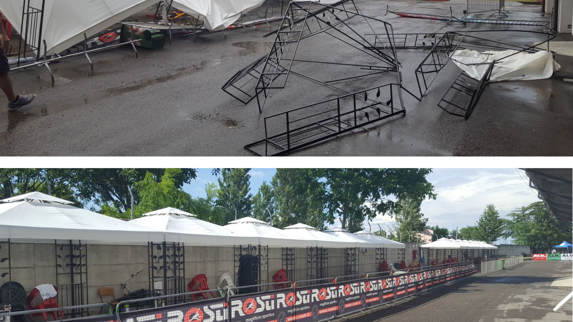 Gazebo della Sei giorni delle rose distrutti dal maltempo e già ripristinati. Santi: "Stasera comunque gran finale" VIDEO