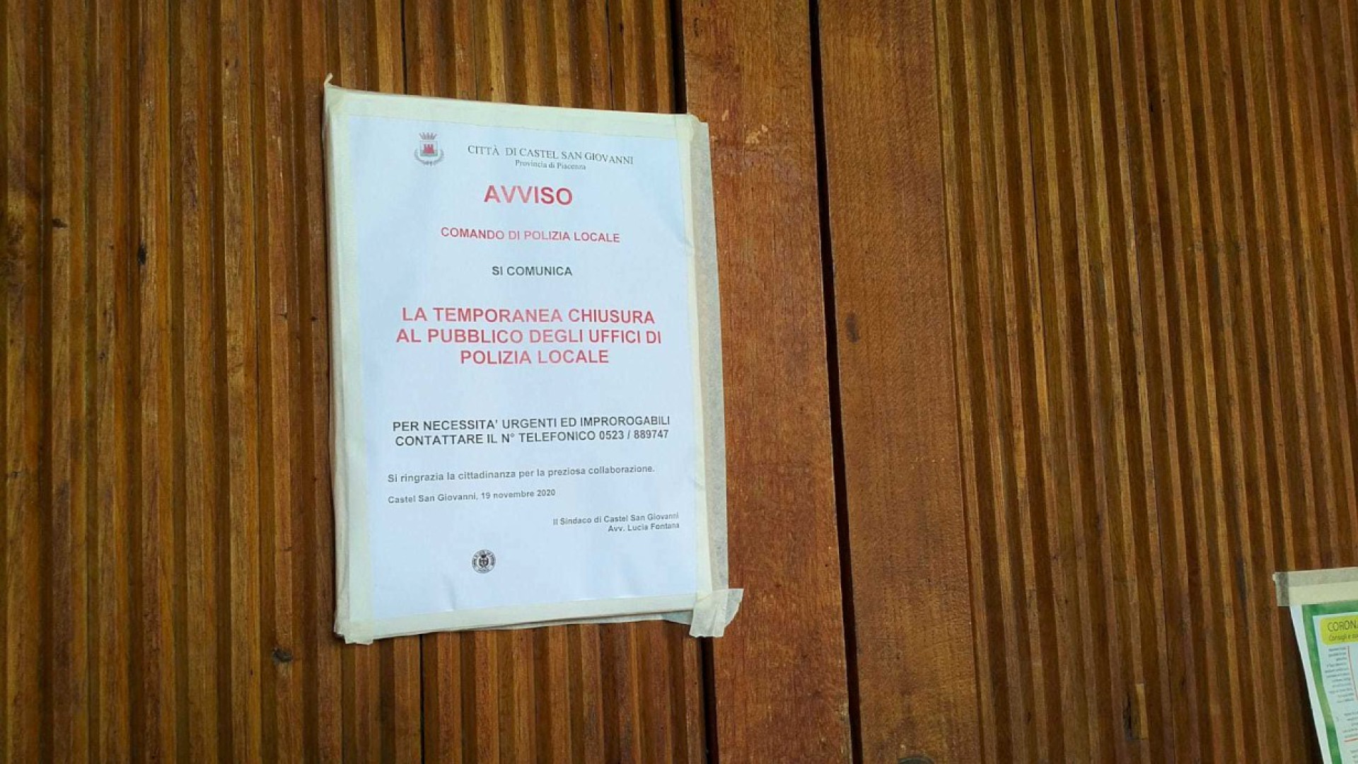 Un caso positivo, chiuso il comando di Polizia locale a Castel San Giovanni
