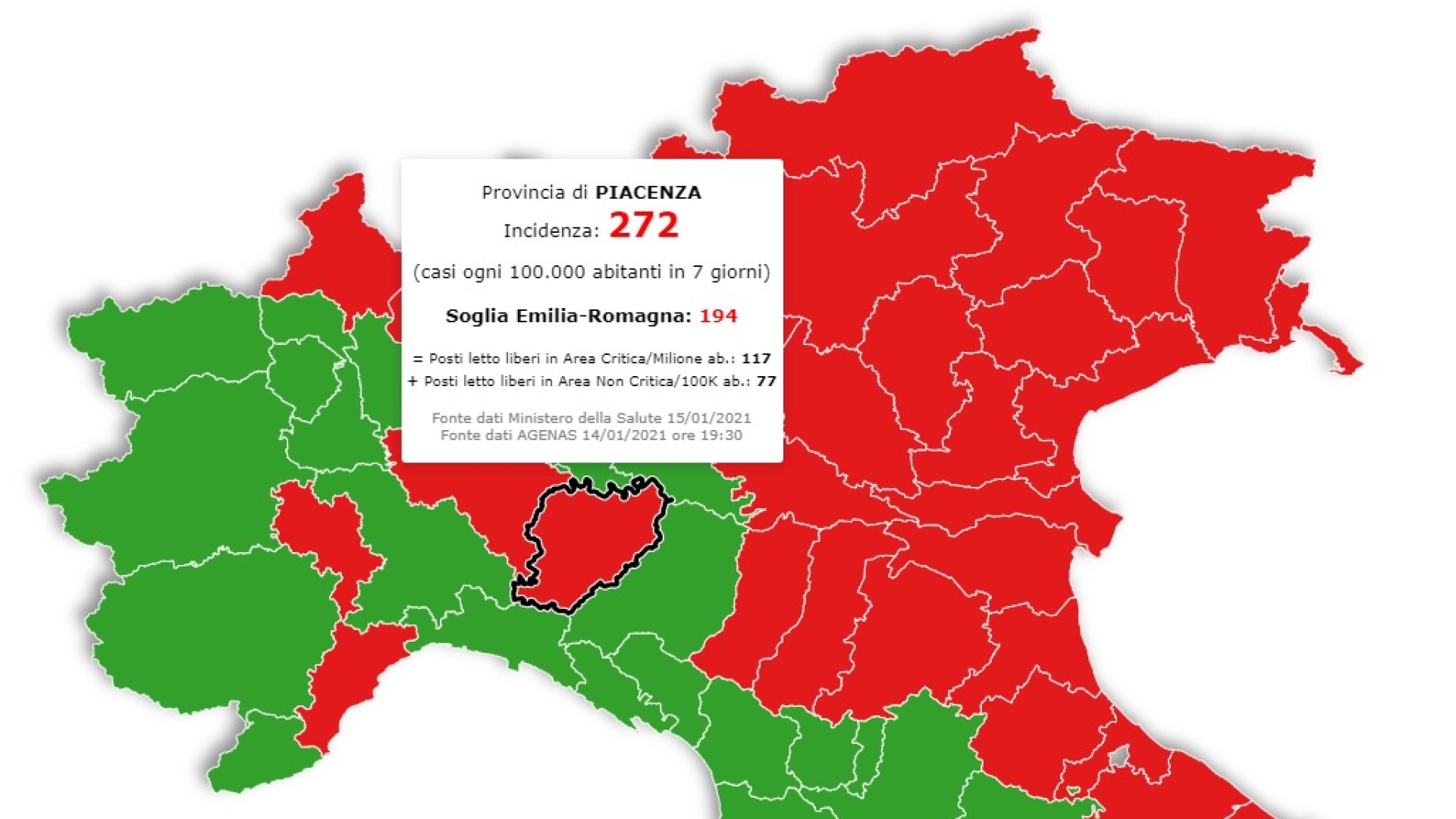 "Zone rosse su base provinciale? Piacenza sarebbe in lockdown". GUARDA LA MAPPA