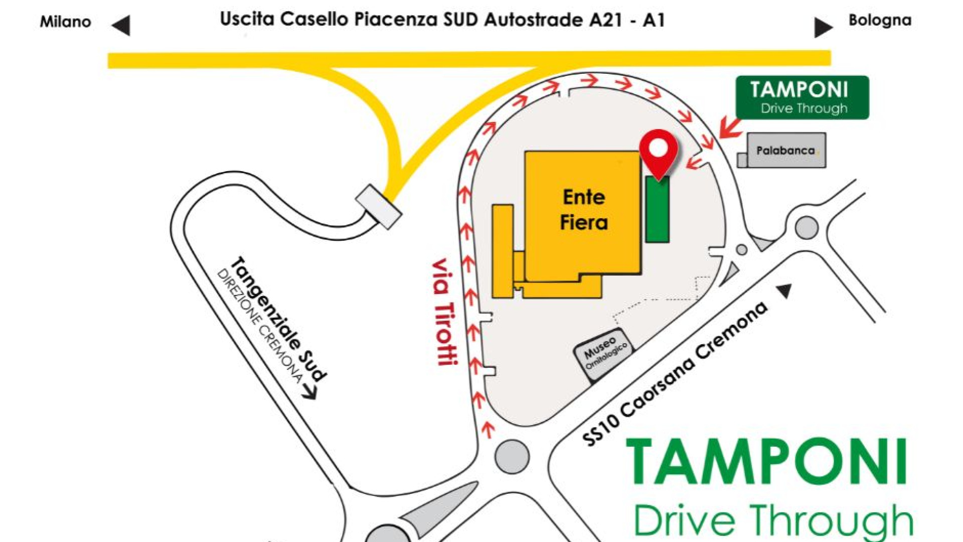Apre oggi il drive-through tamponi a Piacenza Expo. Le indicazioni su come arrivare