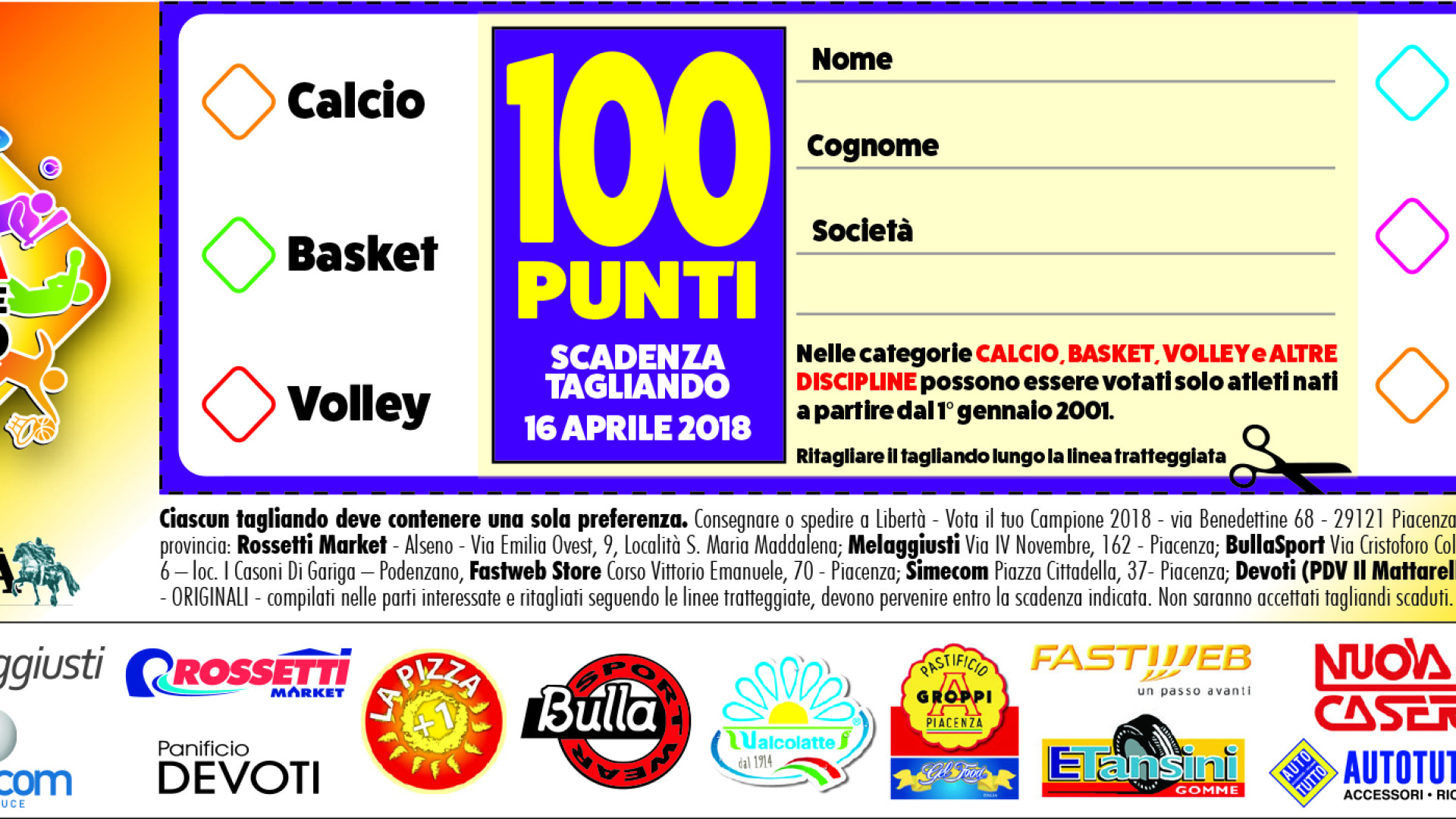 "Vota il tuo campione piacentino 2018": oggi tagliando da 100 punti